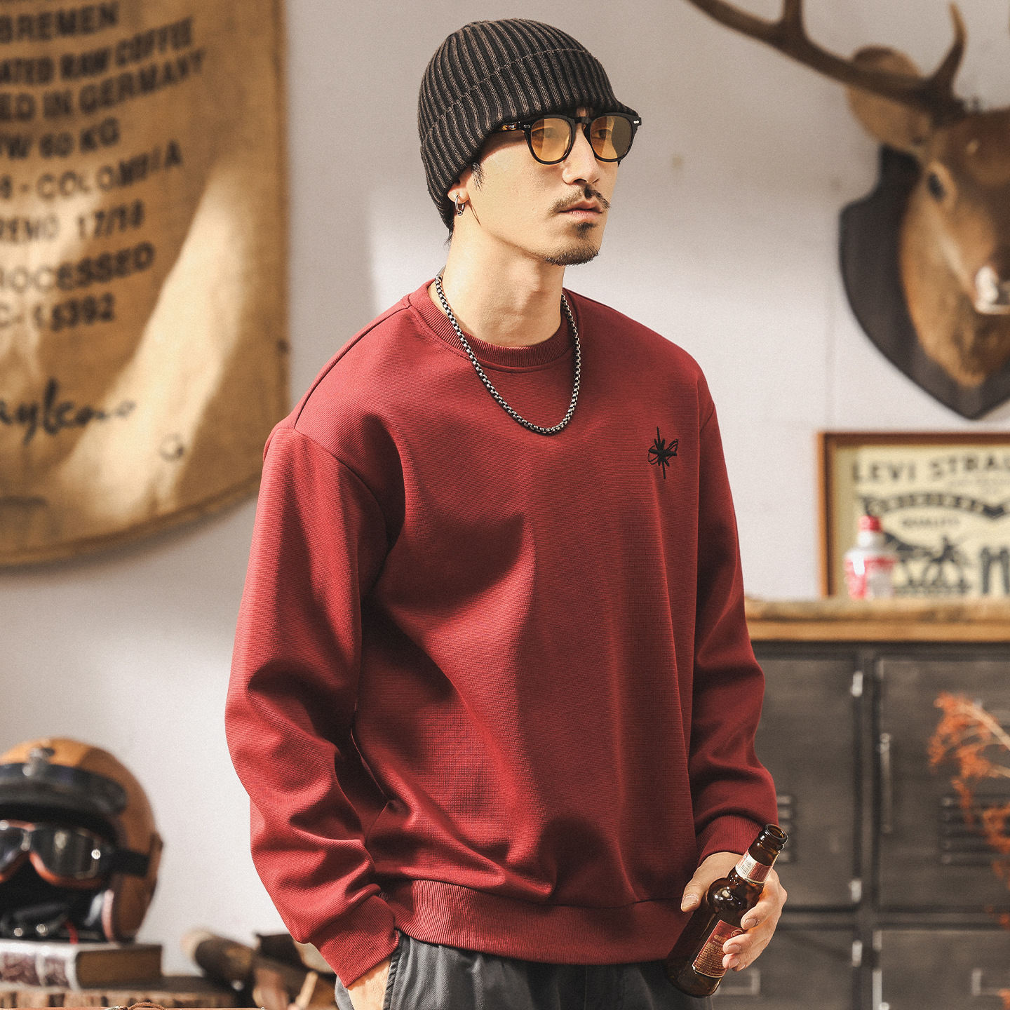 美式復古重磅衛衣男春秋2025新款刺繡潮牌長袖t恤男寬鬆大碼上衣T