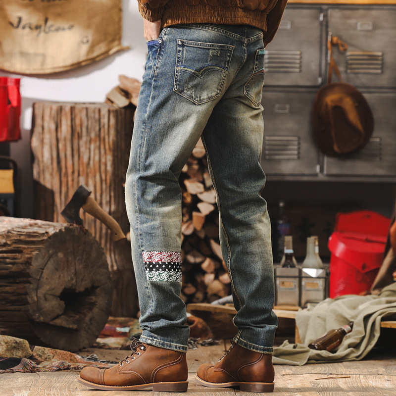 美式復古硬漢西部牛仔褲男秋季新款直筒機車痞帥硬朗男士休閒褲潮