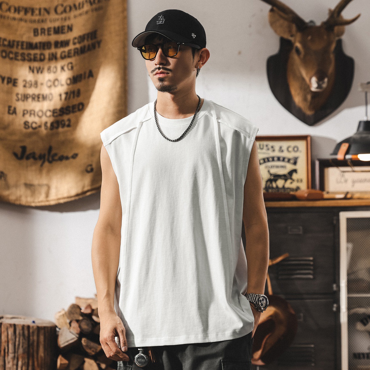 美式復古重磅280g男士背心夏季新款潮牌拼接坎肩寬鬆無袖純棉T恤