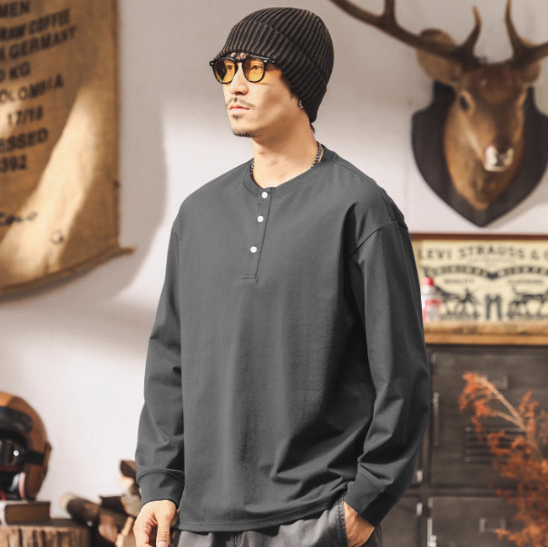 美式復古亨利領t恤男長袖秋季2025新款潮流上衣男寬鬆休閒polo衫