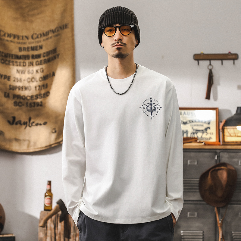 杰雷諾美式復古酒紅色長袖T恤男寬鬆重磅秋季大碼休閒男裝上衣潮