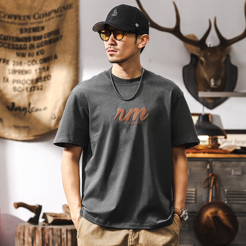 美式復古32支雙紗重磅T恤男夏季短袖潮流字母印花半袖上衣男