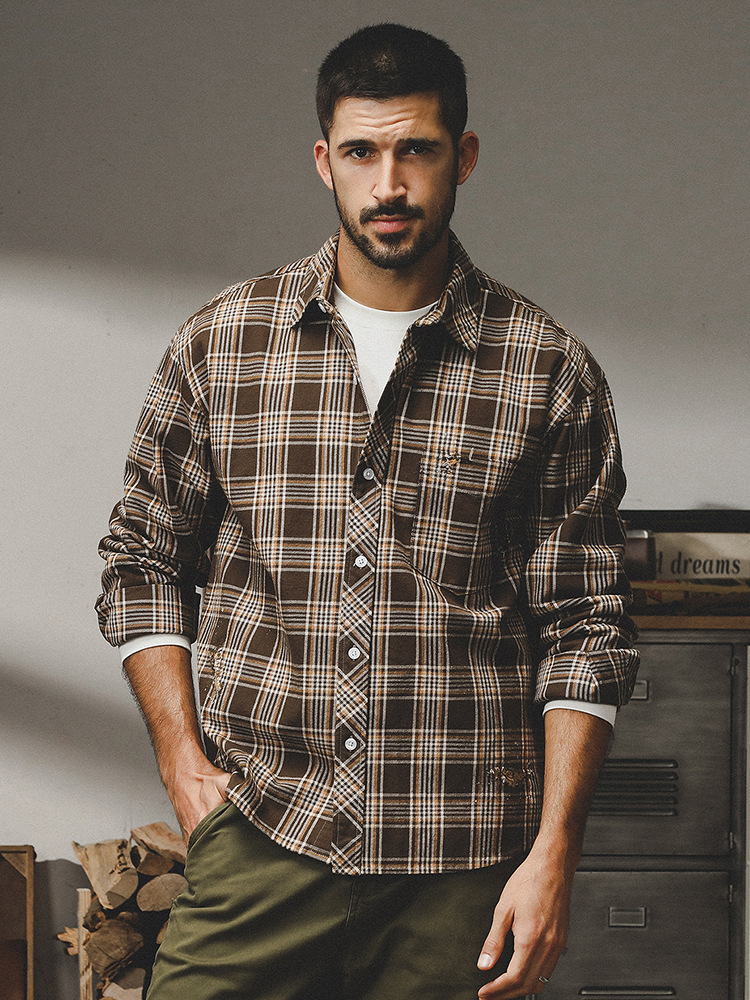 美式復古重磅磨毛格子襯衫男2024春季新款美拉德寬鬆帥氣長袖襯衣