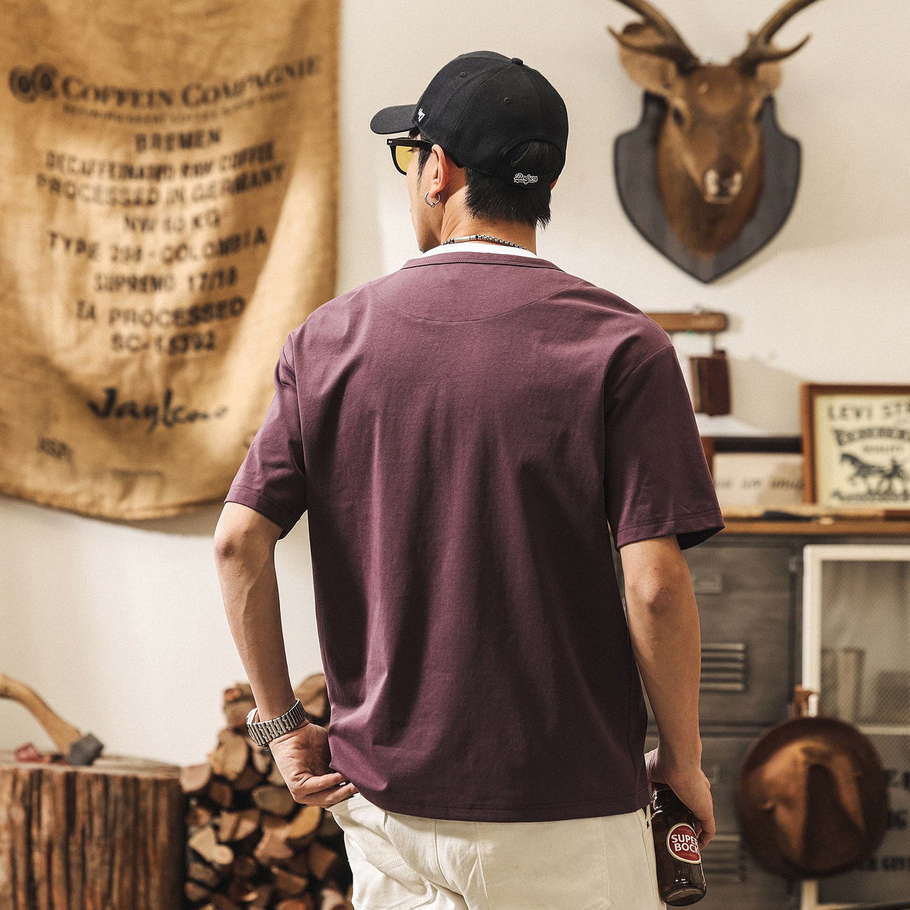 美式復古假兩件涼感T恤男士短袖夏季寬鬆紫色潮流亨利領Polo衫男