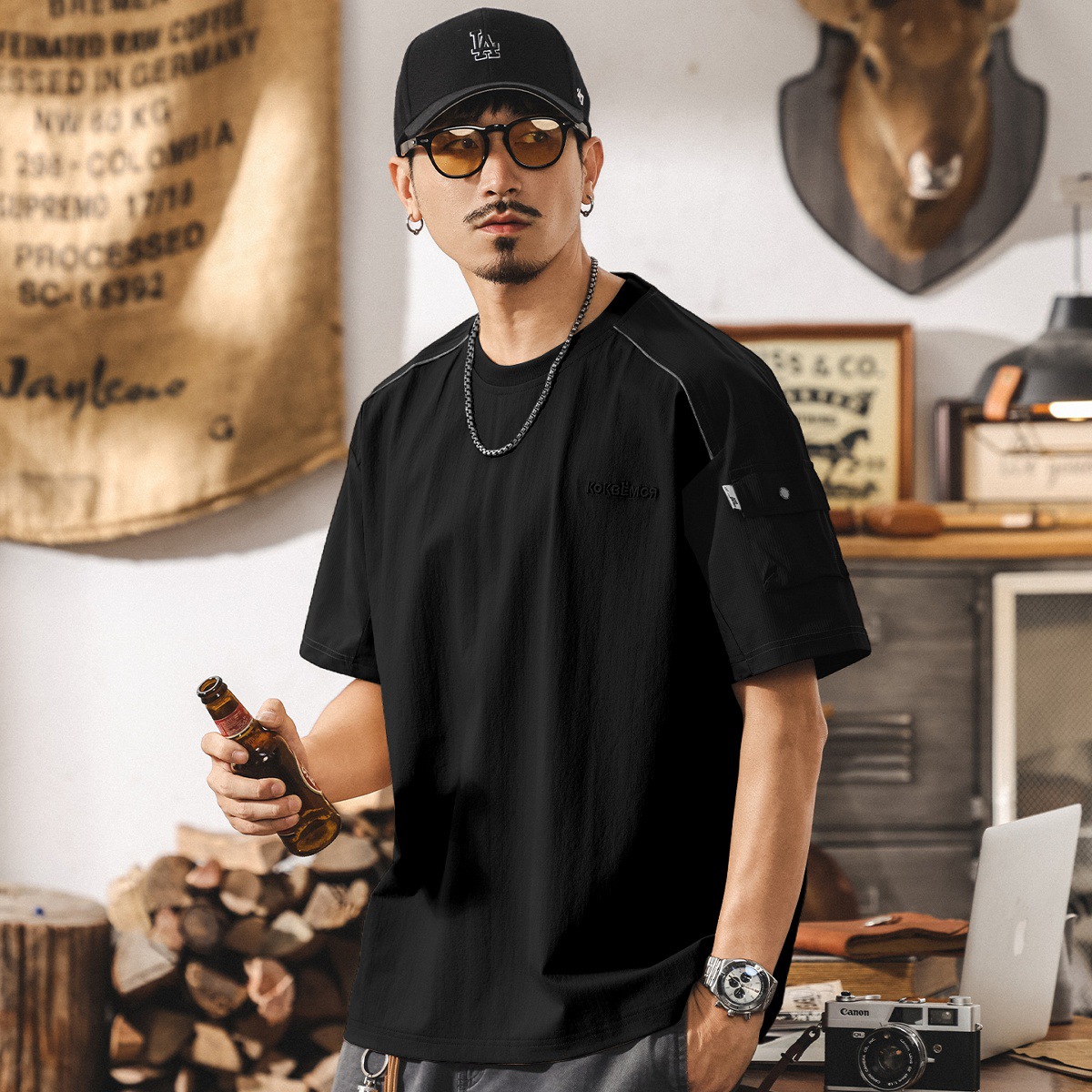 美式復古潮流男士夏季短袖t恤2025新款拼接撞色體恤寬鬆休閒上衣