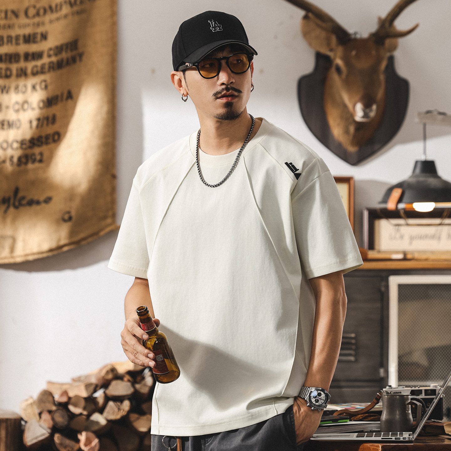 美式潮流短袖T恤男夏季新款潮牌設計感拼接體恤男士寬鬆休閒上衣T