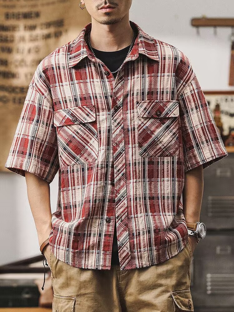 美式經典復古格子襯衫男夏季短袖寬鬆潮牌休閒夏威夷度假沙灘襯衣