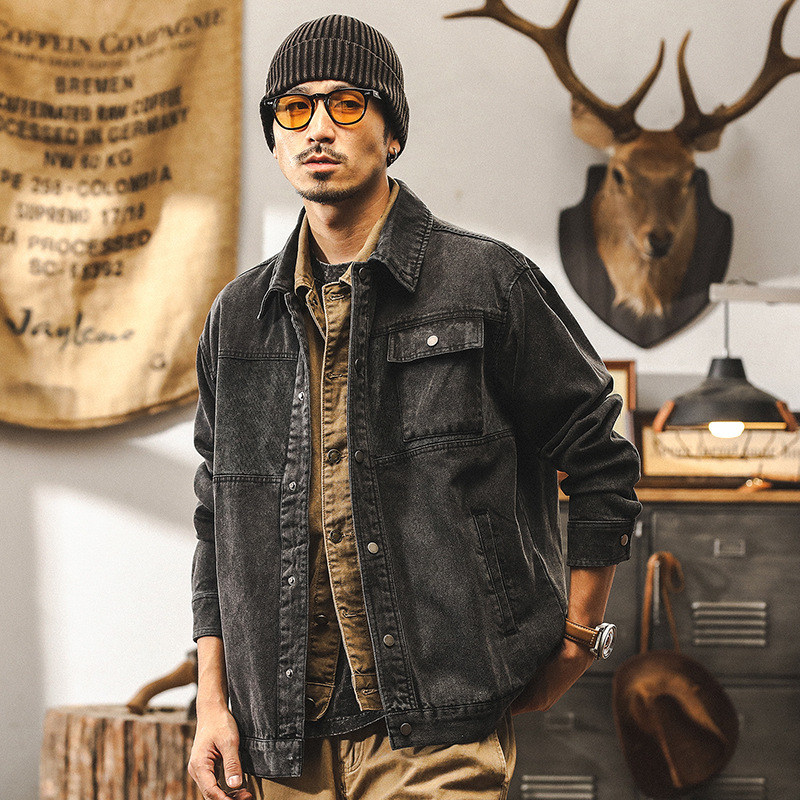 美式復古牛仔外套男春秋新款做舊重水洗寬鬆潮牌阿美咔嘰工裝夾克