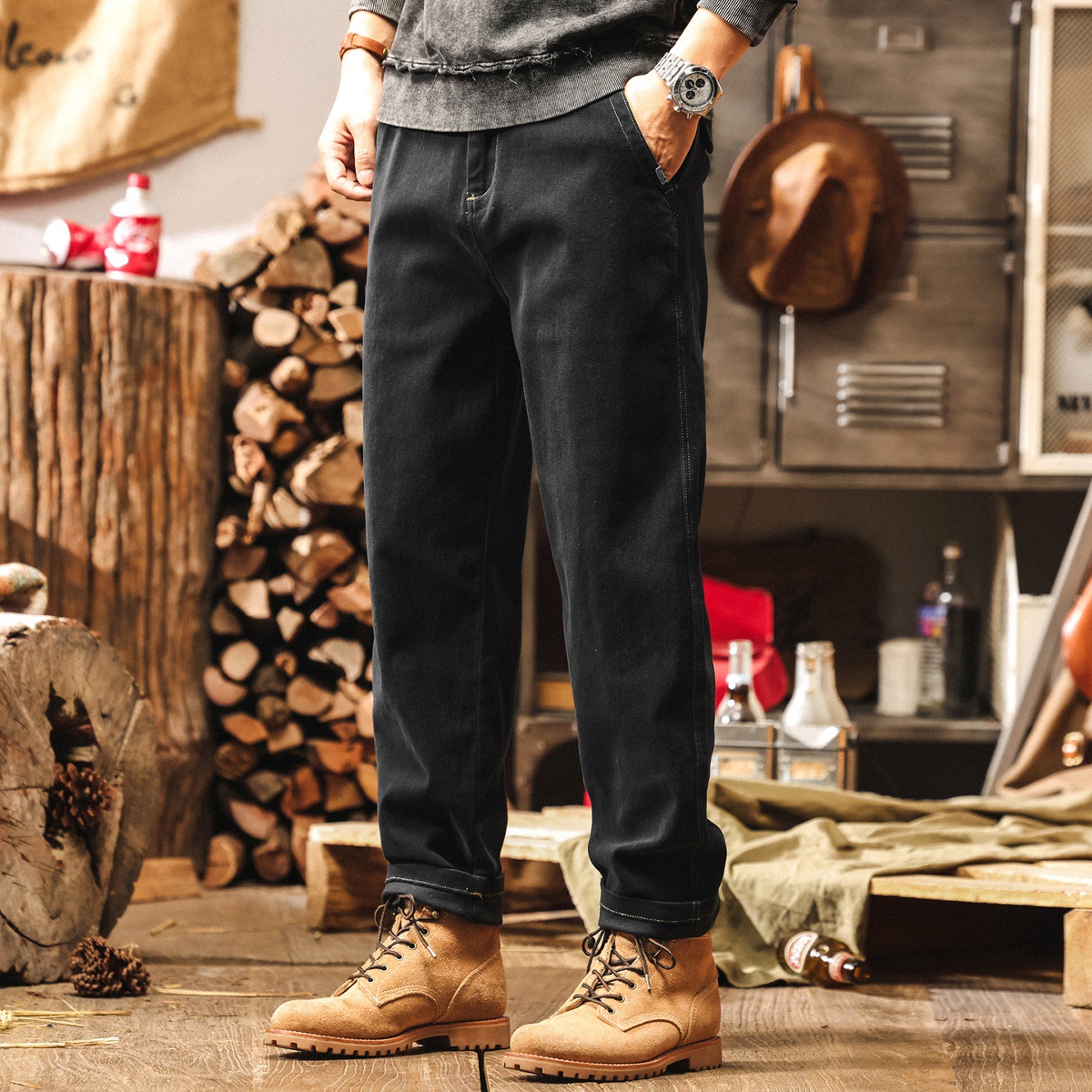 美式復古簡約工裝褲子男2025新款寬鬆大碼男褲藏青色休閒秋季長褲