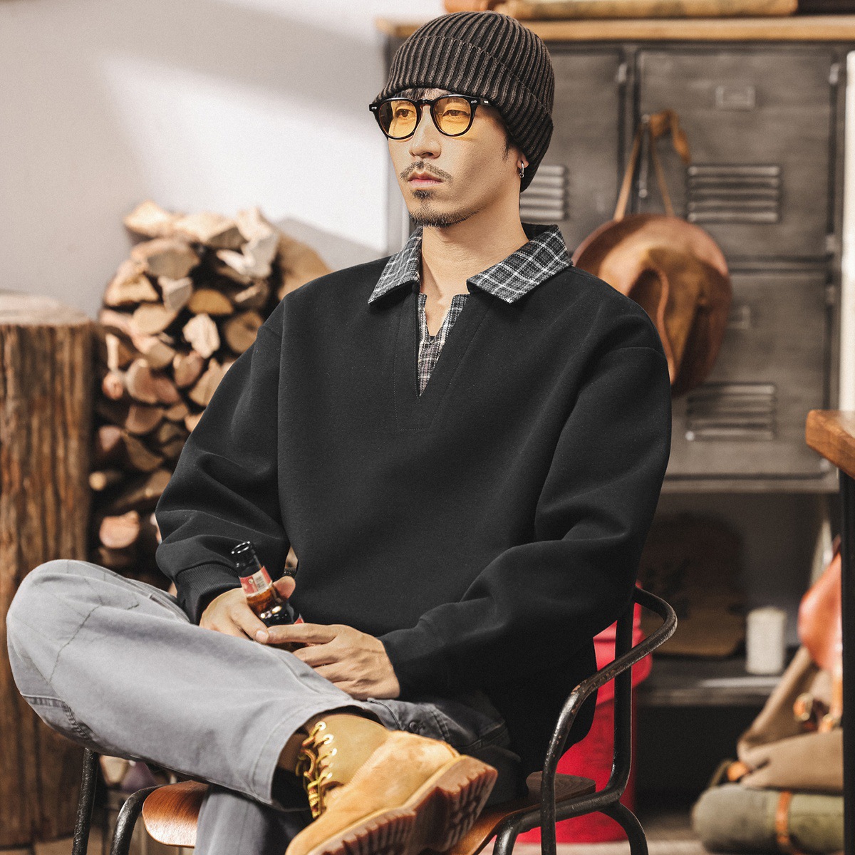 美式復古假兩件衛衣男春秋2025新款寬鬆大碼重磅男士休閒上衣秋季