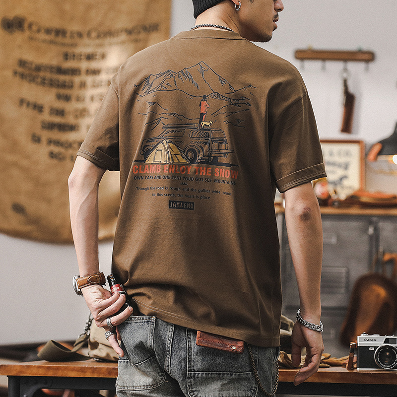 杰雷諾美式復古山系戶外冰感T恤男短袖夏季寬鬆大碼潮牌男士上衣