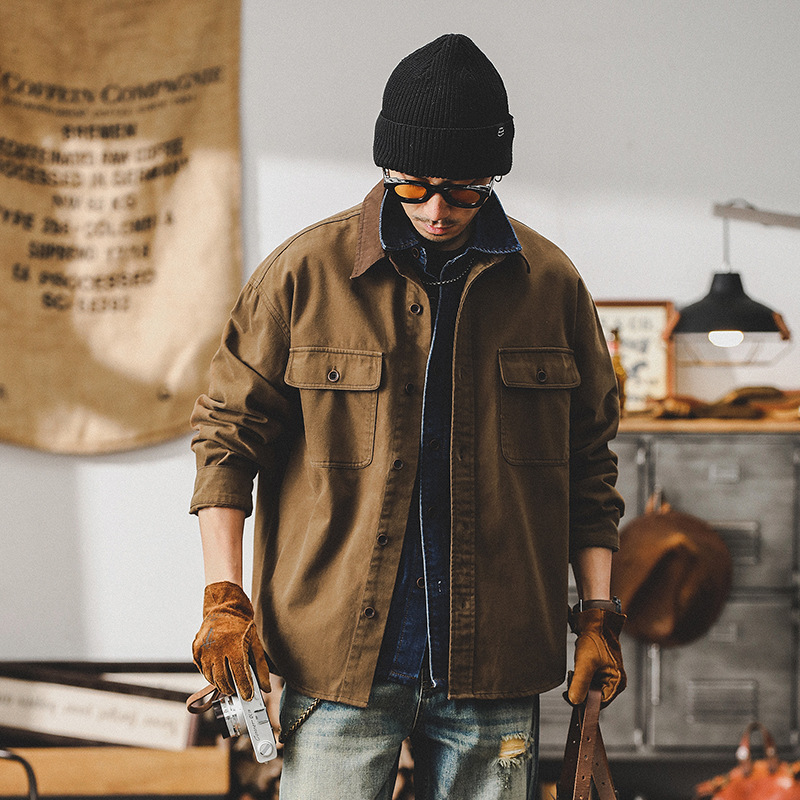 美式經典復古賽洛紡工裝襯衫男長袖戶外硬漢獵裝教練休閒夾克外套