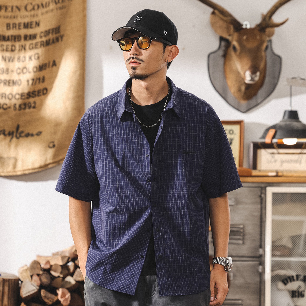 輕量化戶外通勤格紋襯衫男短袖夏季新款簡約休閒寬鬆襯衣薄款外套