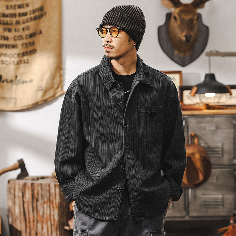 美式復古竹節紋肌理感襯衫男春季寬鬆潮牌2025新款休閒長袖襯衣男
