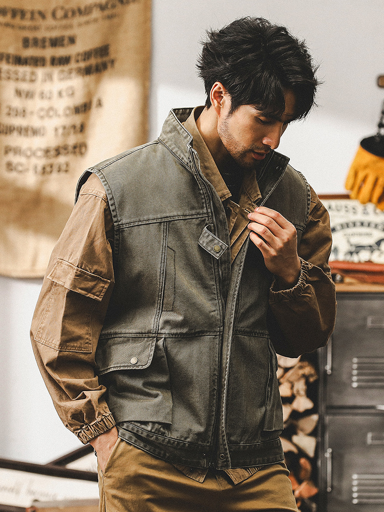 美式重磅複古工裝馬甲男立領外套秋季戶外戰術做舊坎肩攝影夾克男