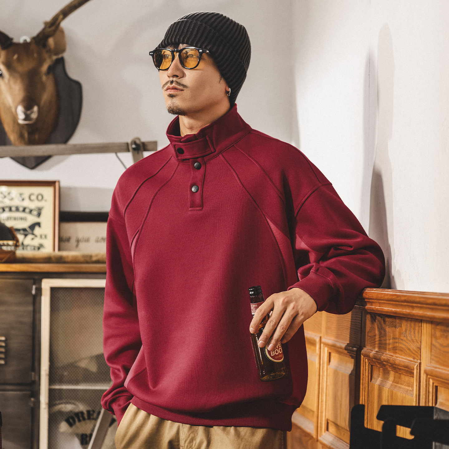 美式復古酒紅色半高領重磅衛衣男春秋新款潮牌寬鬆潮流休閒上衣男