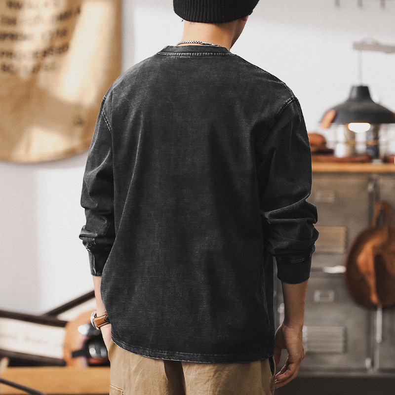 美式重磅複古長袖T恤男秋季炒砂水洗上衣潮2024新款寬松男裝