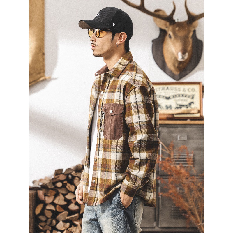 美式重磅復古格子襯衫男長袖秋季磨毛寬鬆潮牌工裝襯衣外套男春秋