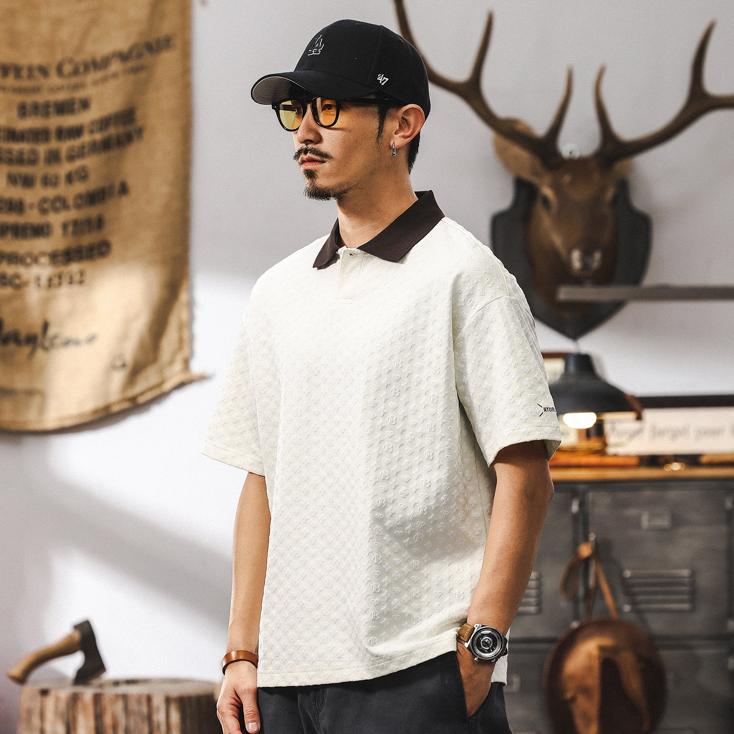 美式復古肌理感提花POLO衫男夏季短袖T恤時尚潮牌寬鬆翻領上衣男