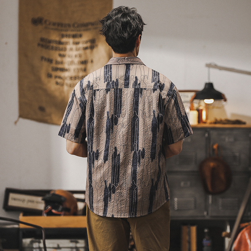 美式復古工裝襯衫男短袖夏季薄款寬鬆條紋夏威夷潮牌休閒男士襯衣