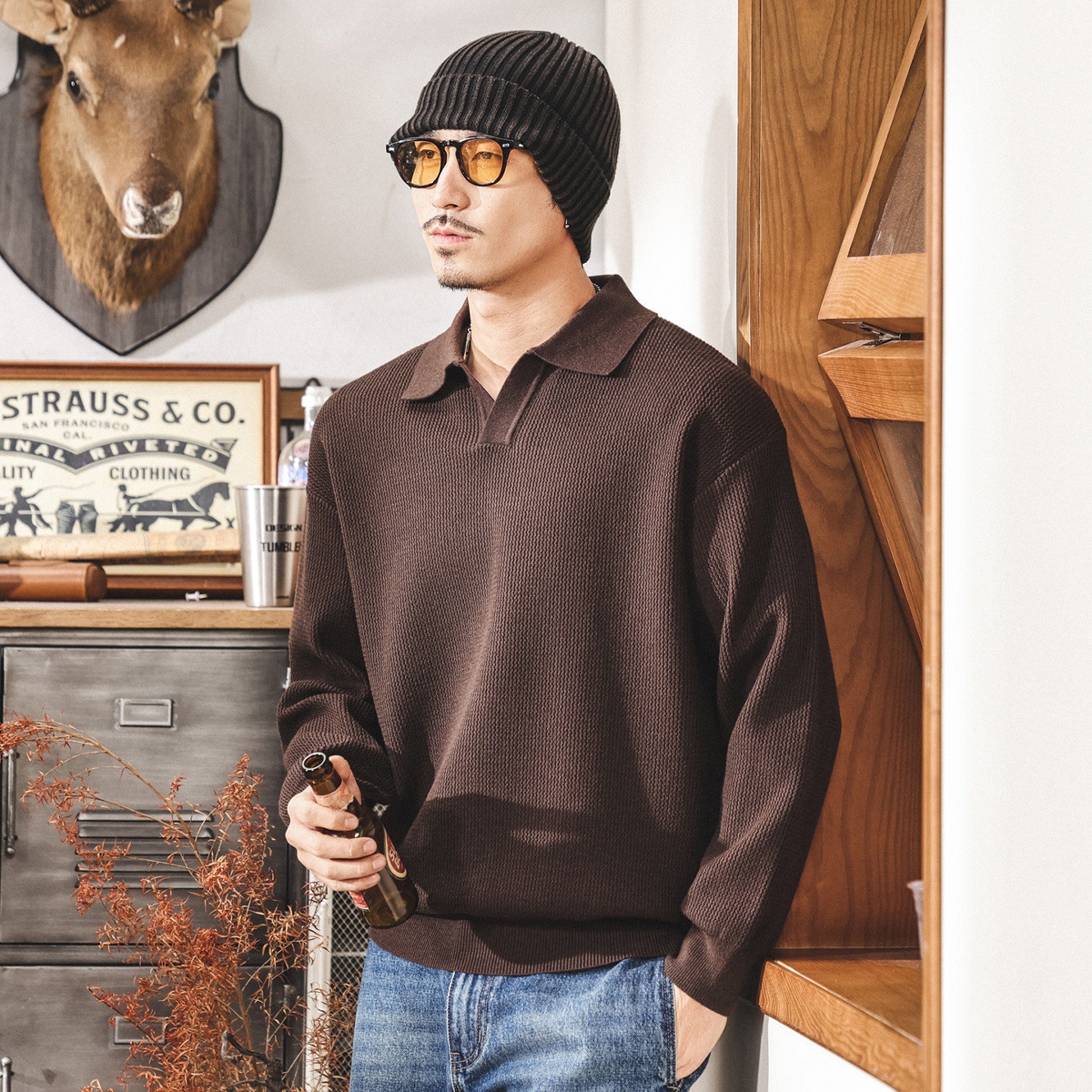 美式復古海鷗領毛衣男秋冬款寬鬆潮牌簡約馬球領休閒針織衫男秋季