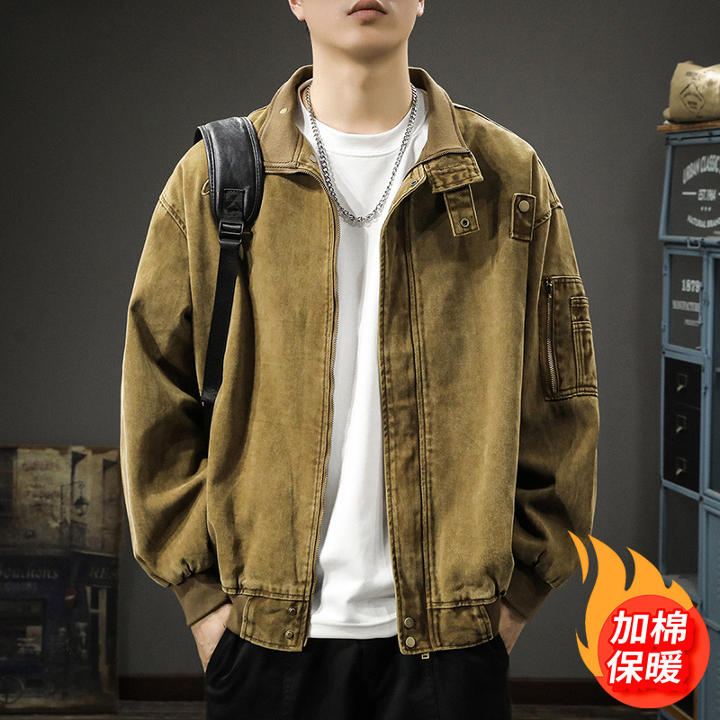 秋冬新款立領加棉工裝夾克男復古刺繡美式休閒獵裝寬鬆外套上衣潮