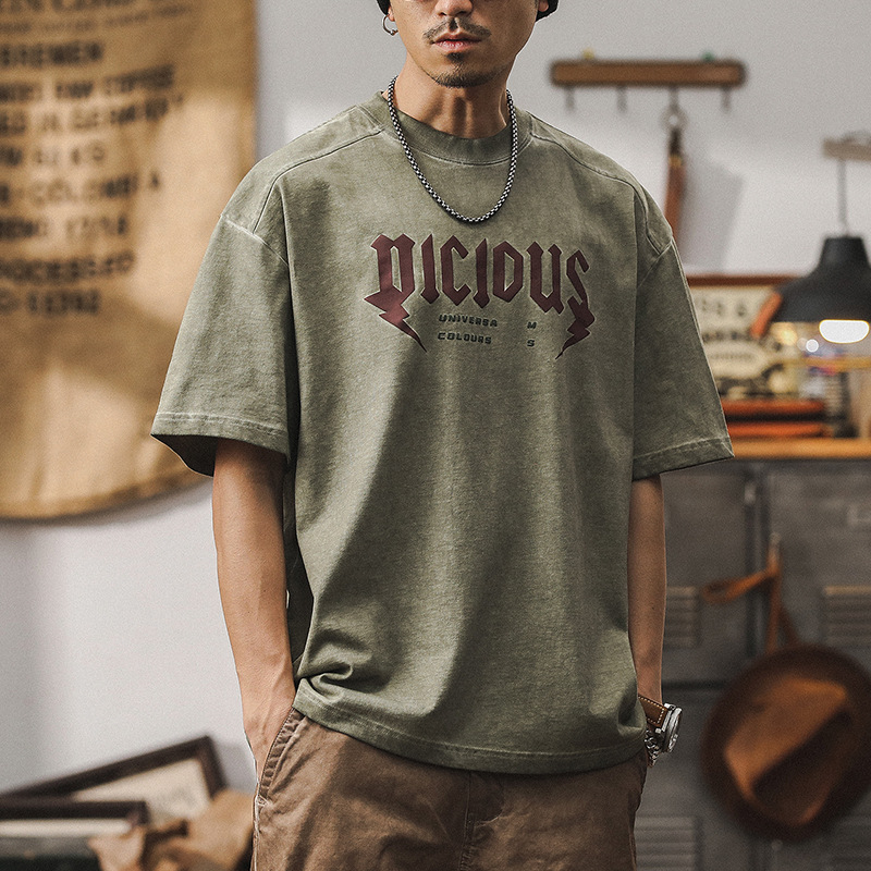 杰雷諾美式重磅水洗做舊T恤男短袖夏季寬鬆體恤臟染印花上衣