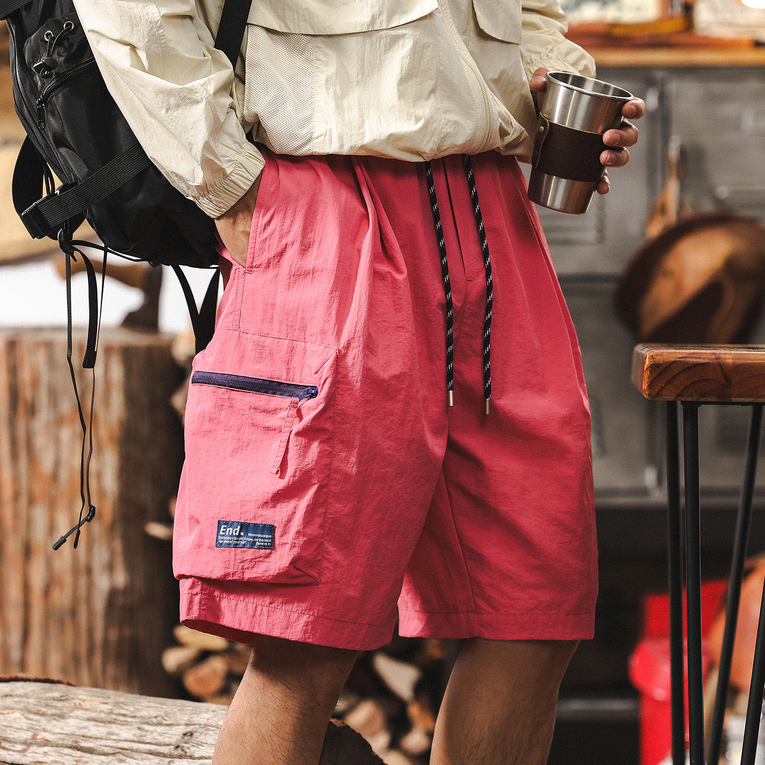 美式戶外順滑冰絲涼感工裝短褲男夏季粉色薄款褲子男休閒五分褲男