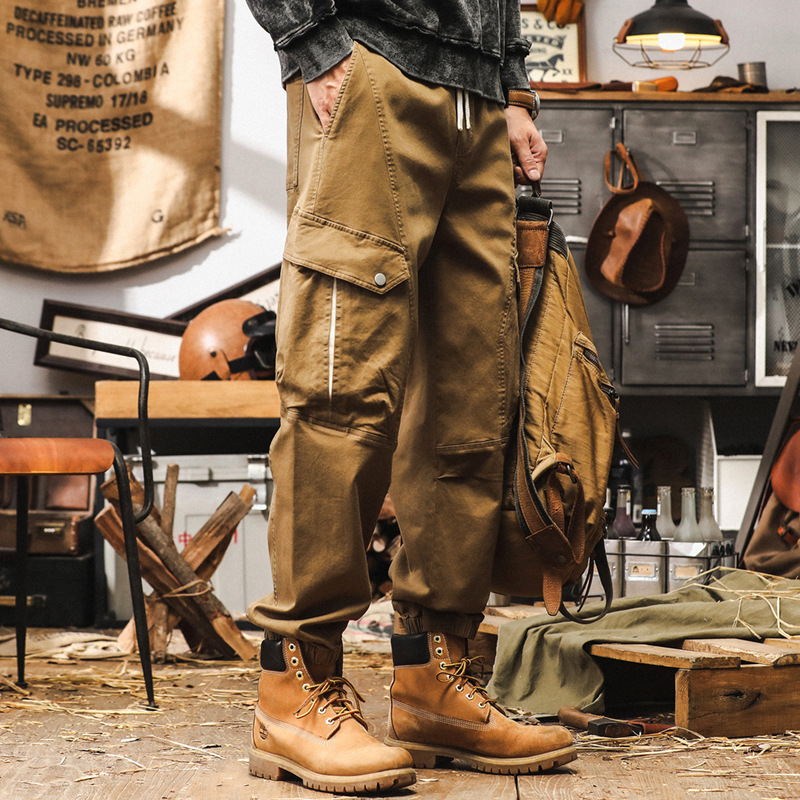 美式復古戶外工裝褲男秋季潮牌多口袋寬鬆束腳休閒褲男士黑色褲子