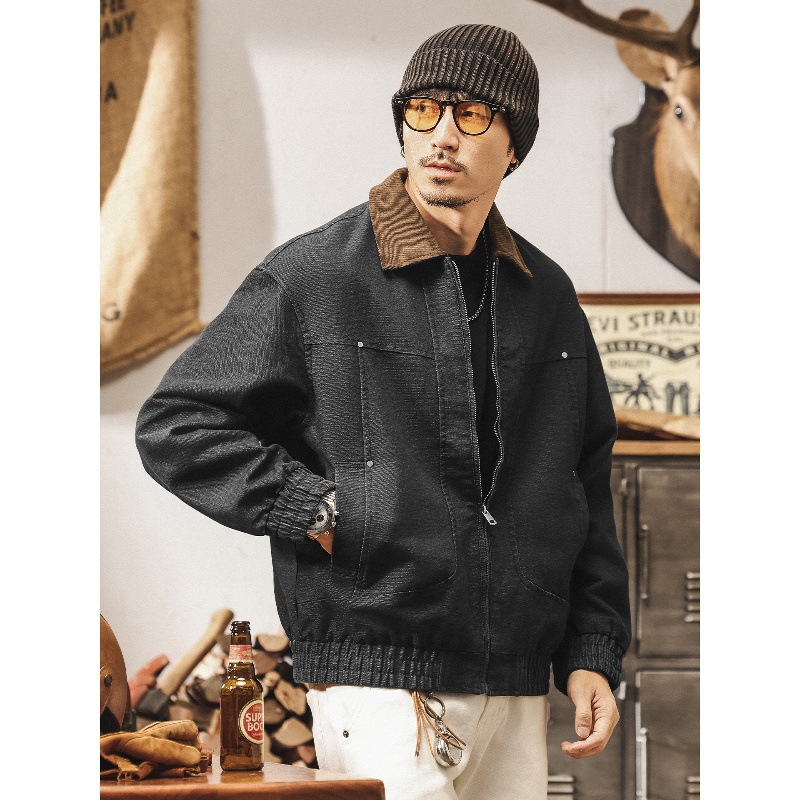 巴恩風工裝外套男春秋新款美式復古霜感帆布寬鬆潮牌硬朗教練夾克