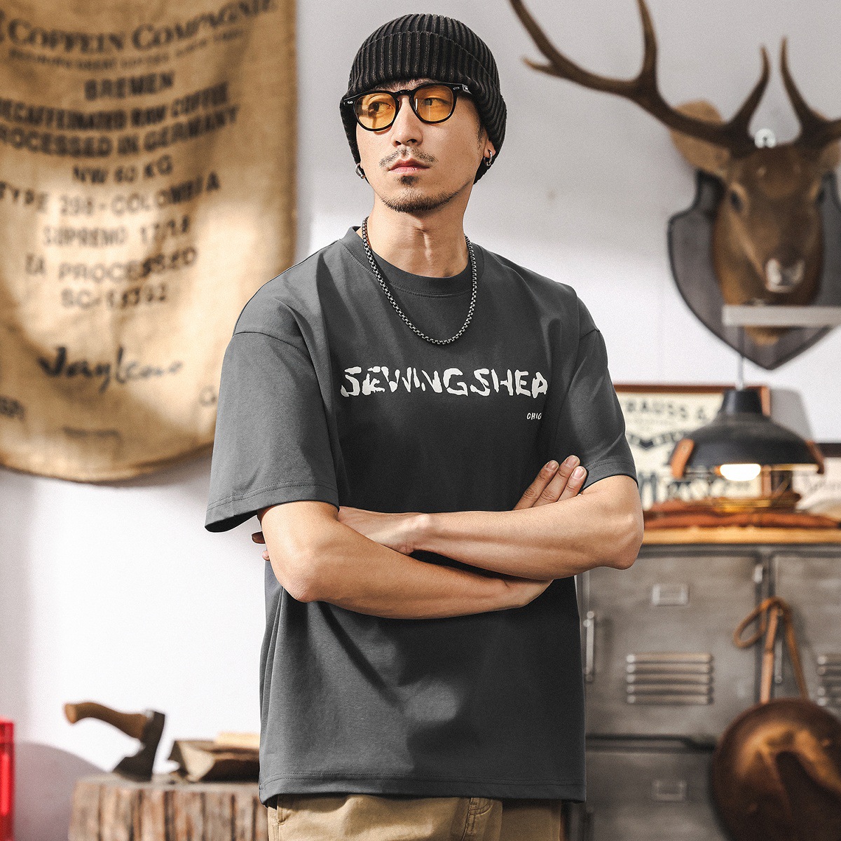 夏季涼感索羅娜T恤男短袖2025新款美式潮牌絨面印花寬鬆男士上衣