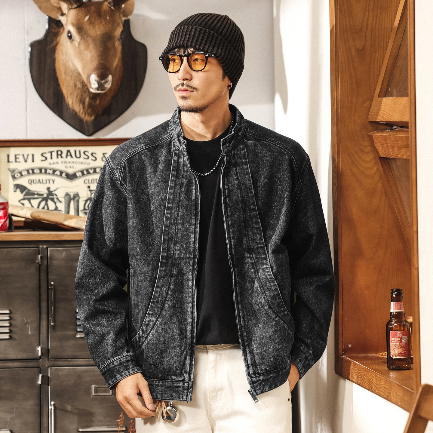 美式重磅復古牛仔外套男春秋2025新款寬鬆重工解構立領機車夾克男