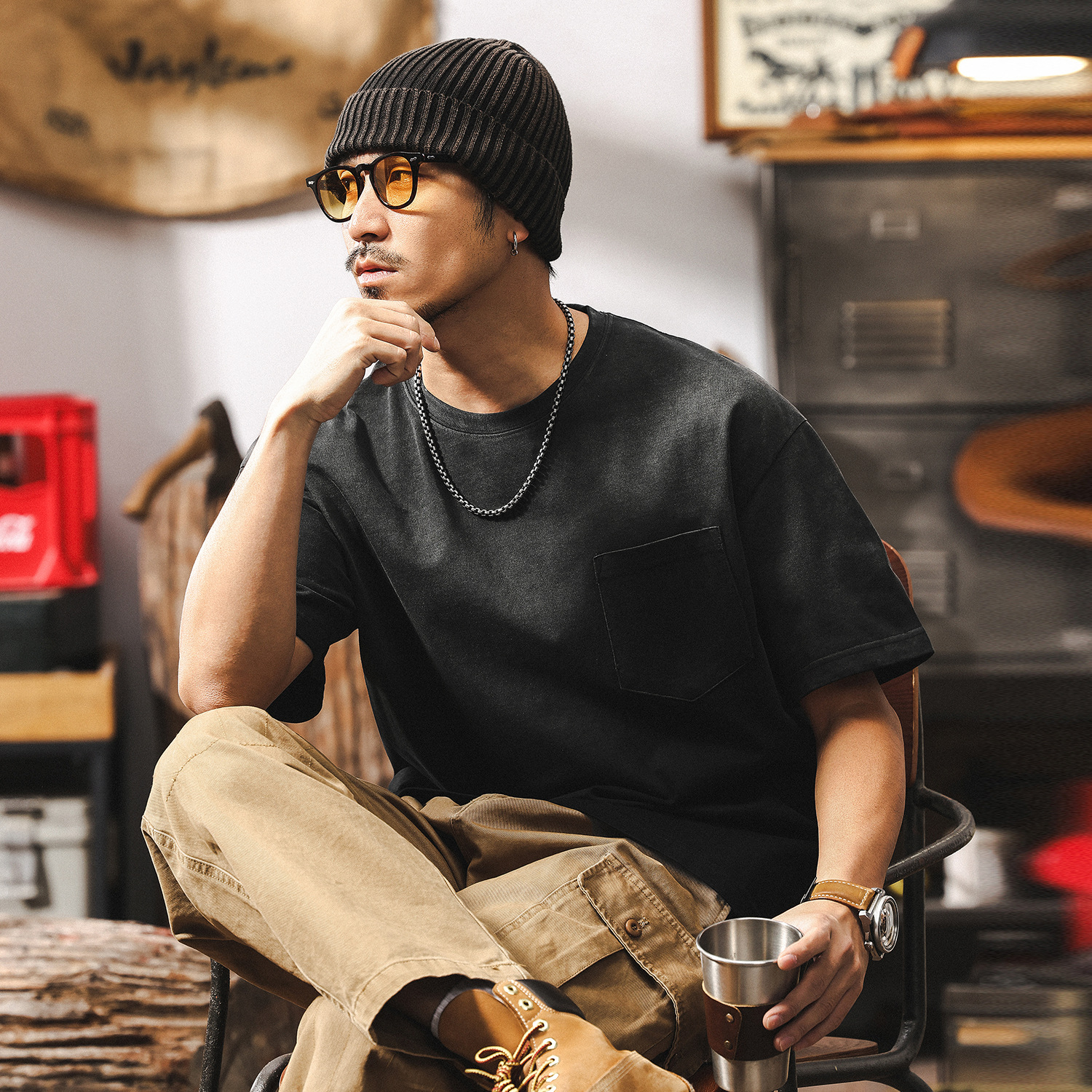 阿蘇特水洗黑色漸變T恤男夏季短袖男款潮牌寬鬆美式復古上衣