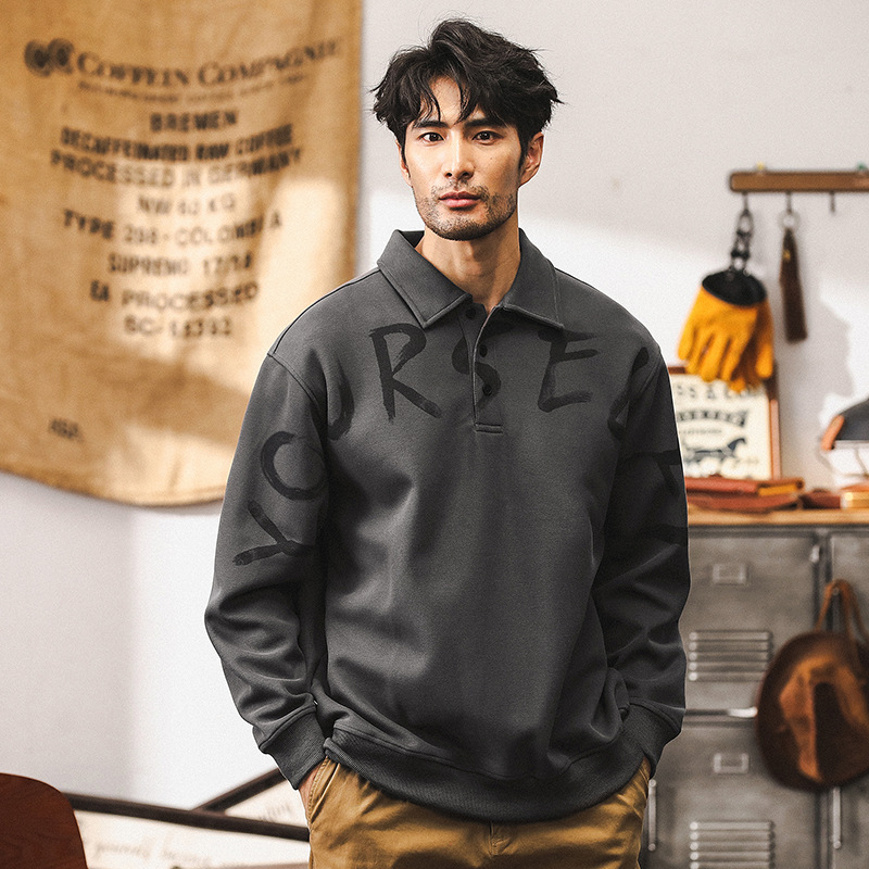 美式重磅380g復古長袖polo衫男秋季寬鬆2024新款珠地棉休閒衛衣男