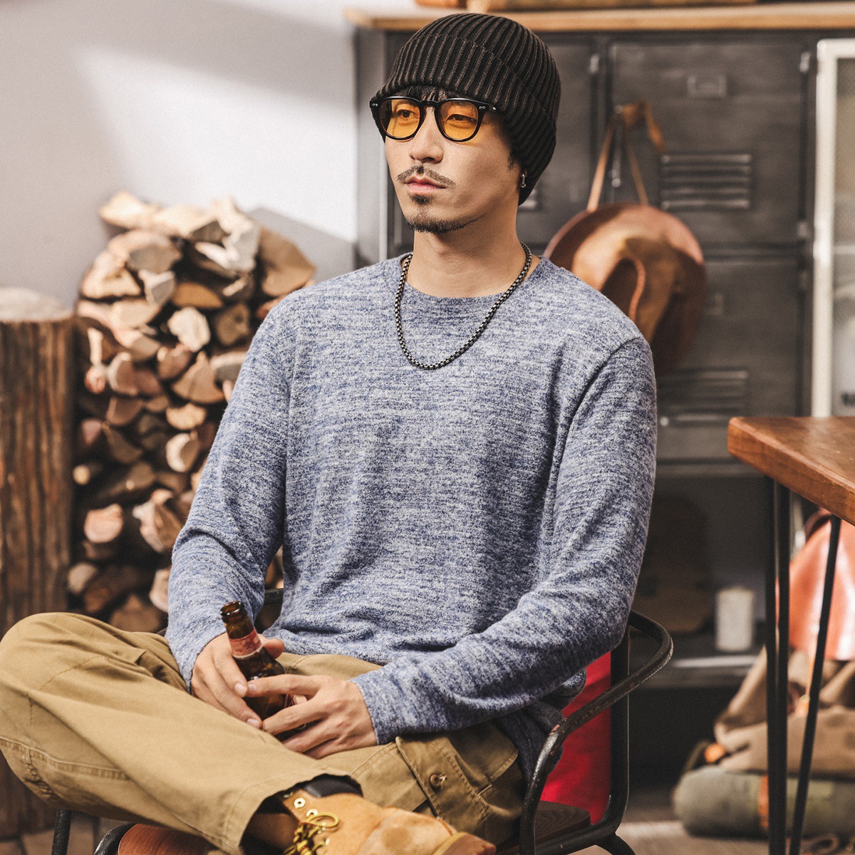 美式復古潮牌長袖t恤男秋季2025新款寬鬆內搭絨感打底衫男士上衣