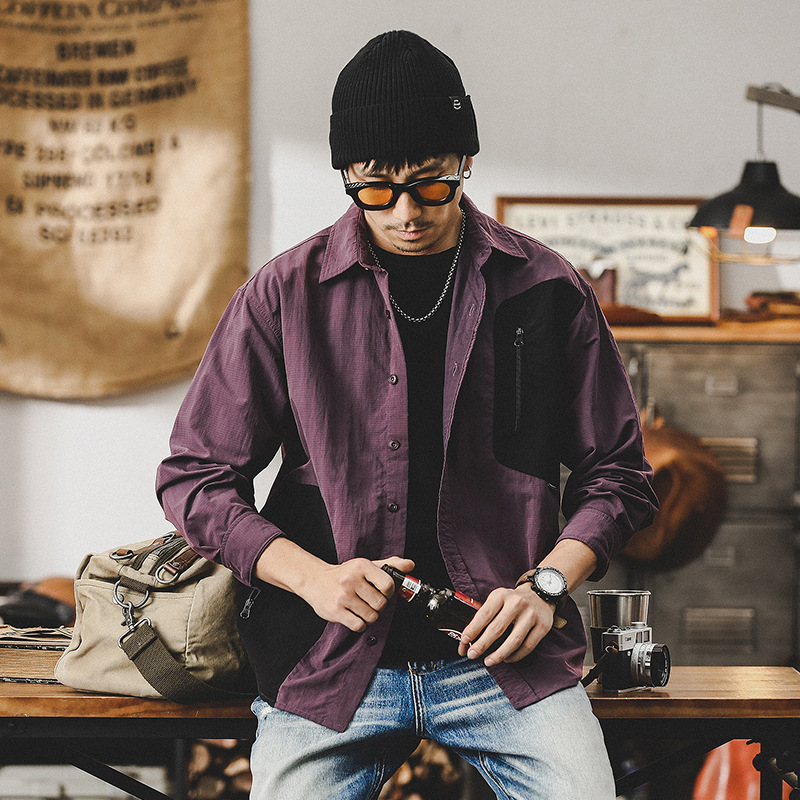 美式山系工装衬衫男长袖2024新款拉链口袋机能户外休闲衬衣男上衣