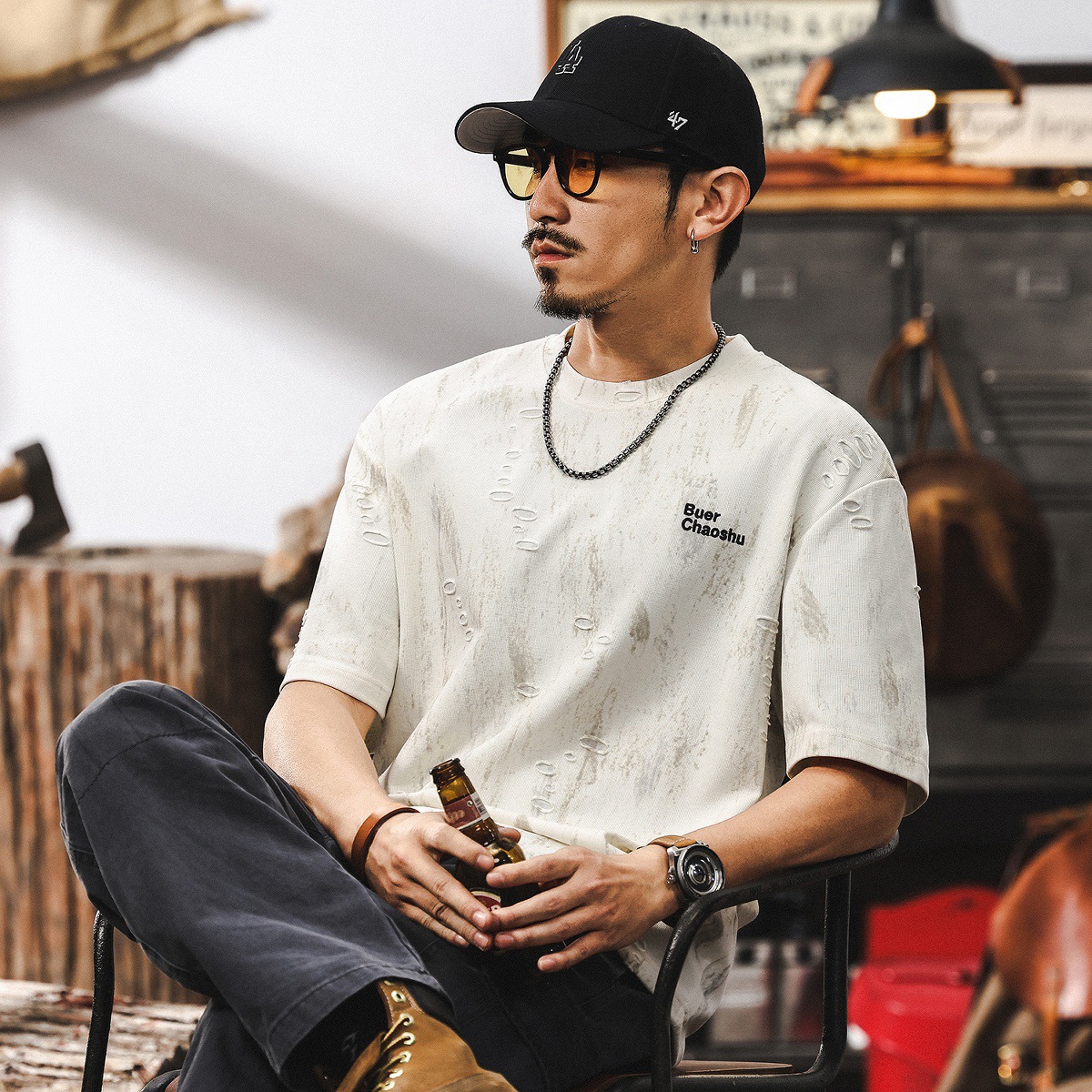 輕奢雲染水洗美式高街短袖T恤男夏季潮流設計感提花男士半袖上衣T