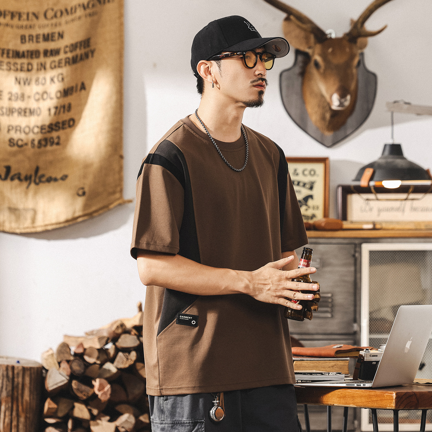 美式復古短袖T恤男夏季新款潮牌拼色寬鬆大碼男士上衣休閒體恤潮T