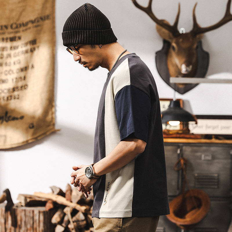 拼色設計感短袖男夏季2025新款美式復古250g重磅T恤男寬鬆上衣男