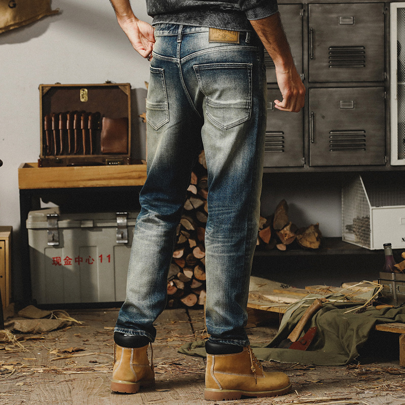 美式經典復古15盎司重磅秋季牛仔褲男直筒石磨水洗做舊休閒長褲子