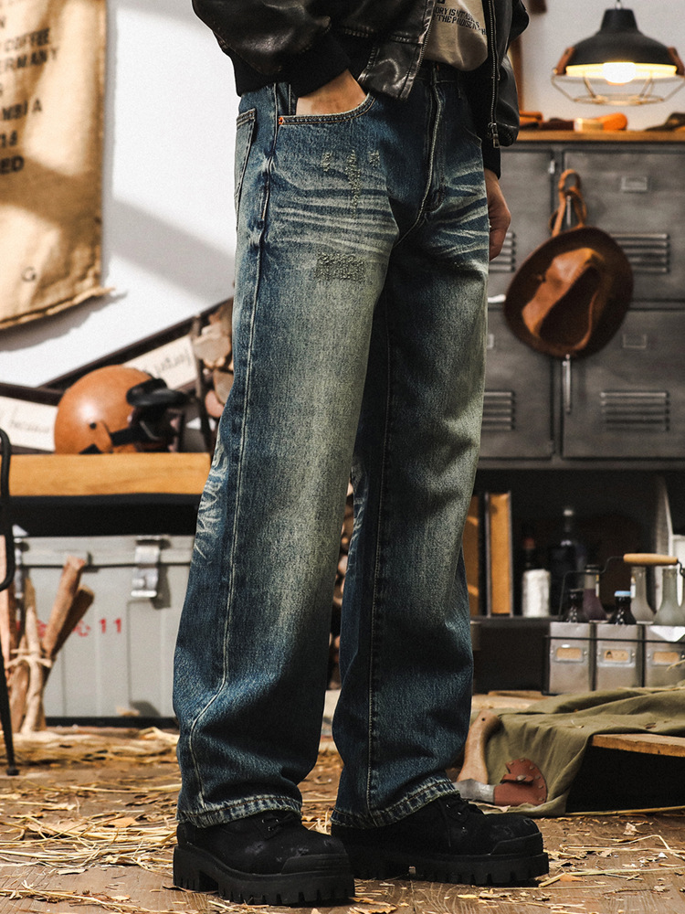 美式重磅復古牛仔褲男秋季寬鬆直筒立體貓鬚2024新款垂感休閒褲男