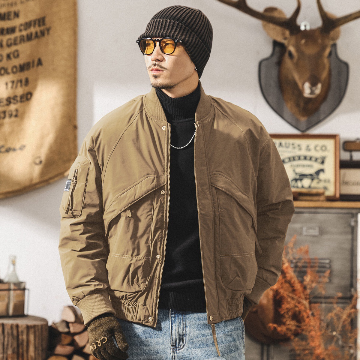 90%純白鴨絨美式飛行夾克工裝羽絨服男款冬季加厚保暖禦寒外套男