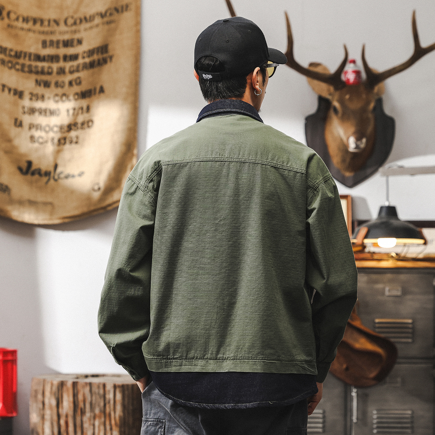 美式復古潮牌假兩件牛仔外套男秋季新款痞帥寬鬆工裝襯衣夾克男款