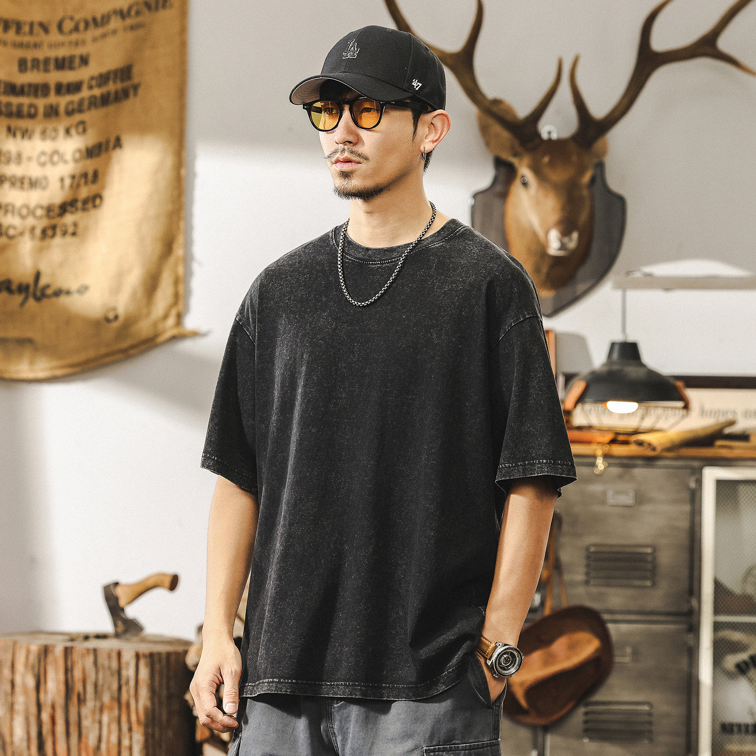 美式復古做舊炒雪花水洗短袖T恤男夏季潮牌日系寬鬆休閒上衣