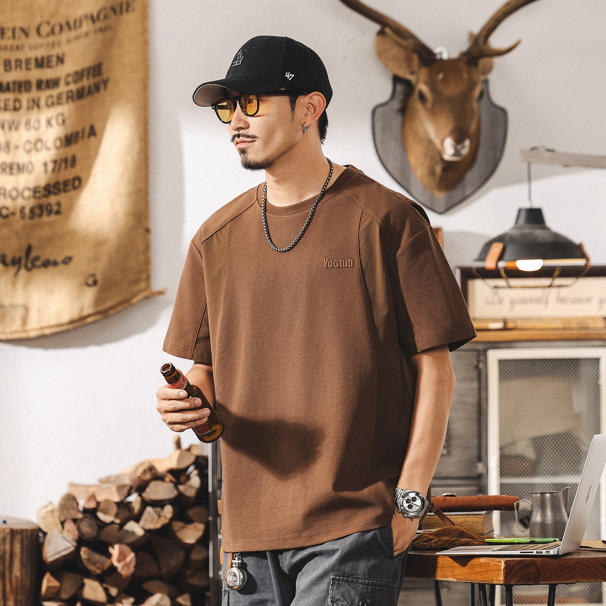 美式復古重磅T恤男夏季新款男士短袖2025寬鬆潮牌拼接半袖上衣男T