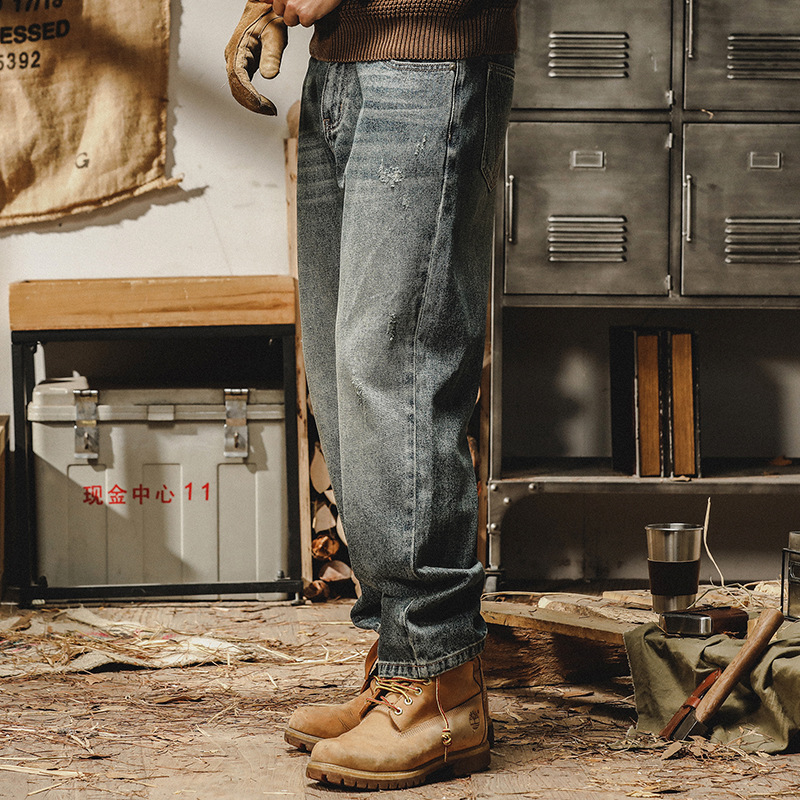 美式經典復古牛仔褲男秋冬款寬鬆直筒大碼潮流重磅石磨水洗闊腿褲