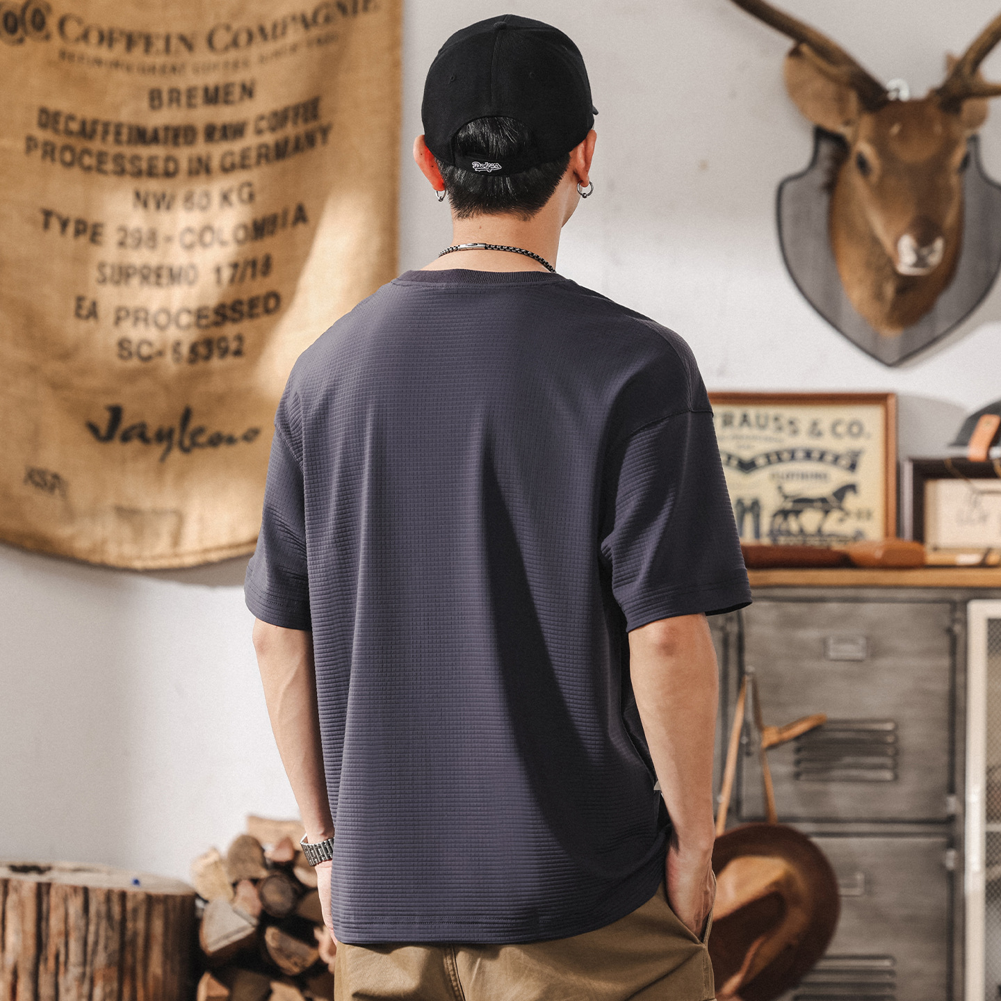 薄款軟糯冰絲T恤男士短袖夏季新款華夫格速幹寬鬆大碼美式體恤潮