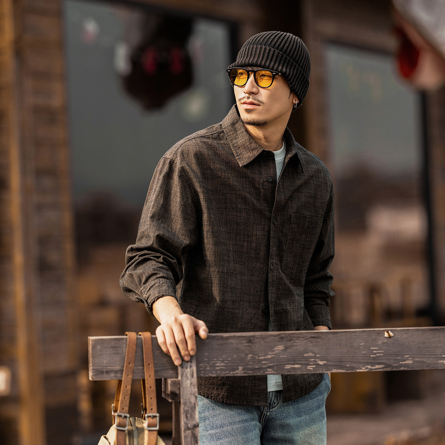 美式復古老錢風仿麻襯衫男長袖春季新款竹節寬鬆休閒襯衣外套