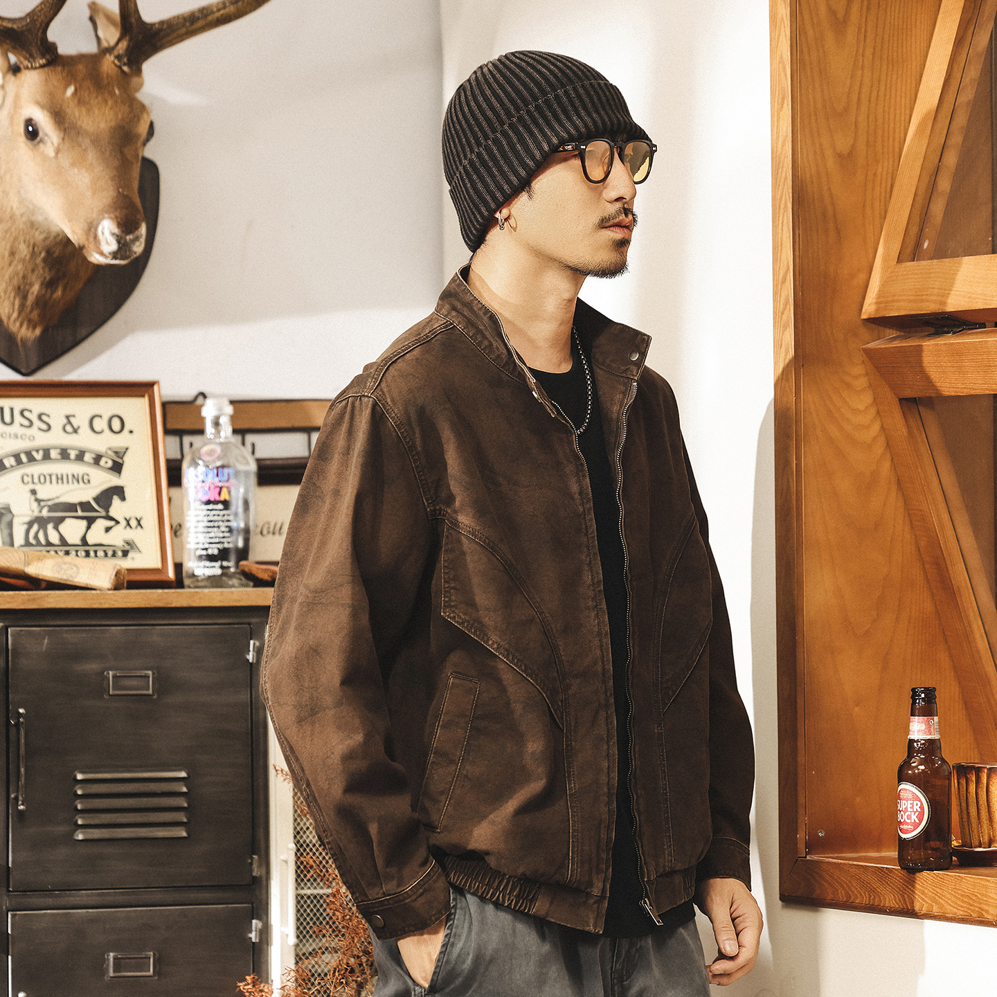 美拉德復古工裝外套男秋春新款飛片結構髒染做舊寬鬆美式機車夾克