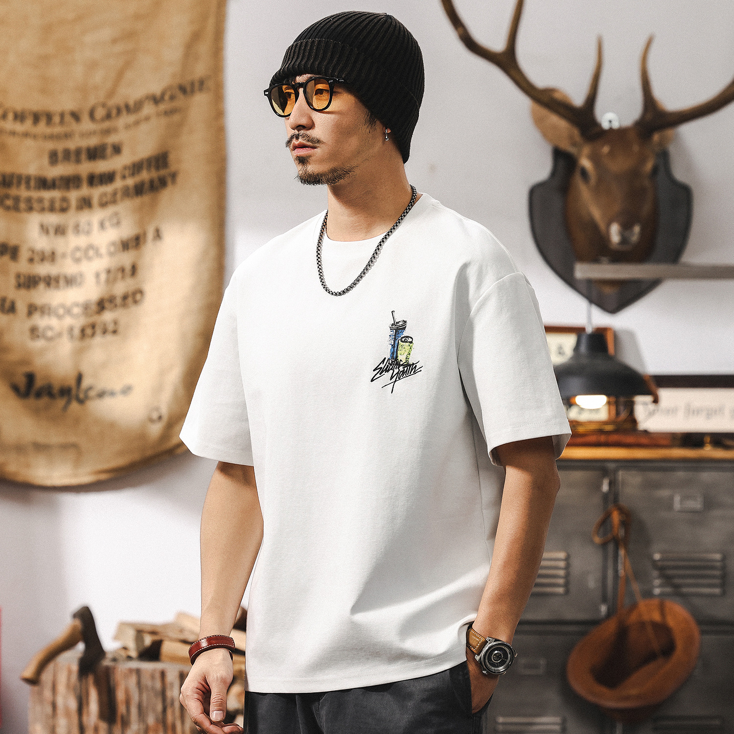 40支科技涼感T恤男夏季短袖2025新款潮流立體拉漿印花寬鬆上衣男T